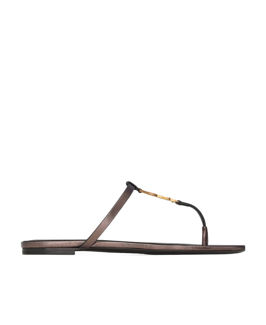 Saint Laurent Cassandra Slides In Laminated Metallic Leather In Brown