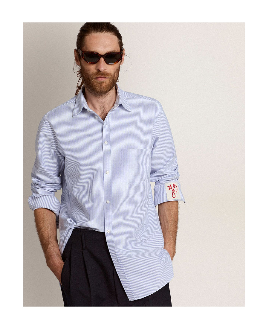 Golden Goose Light Blue Shirt With Classic Collar And All-over Striped Motif In White