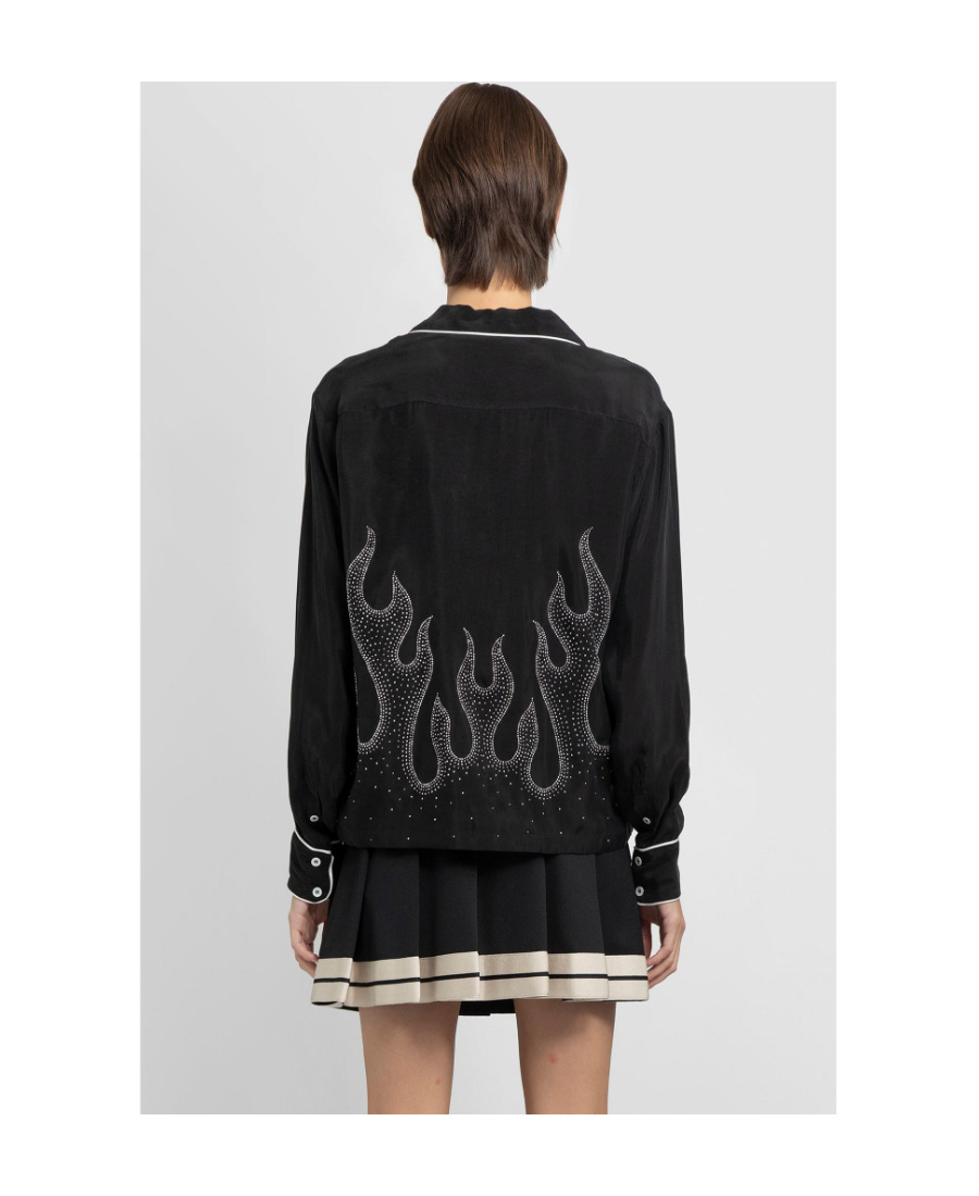 Palm Angels Flame-embroidered Shirt Crystal Embellishments In Black