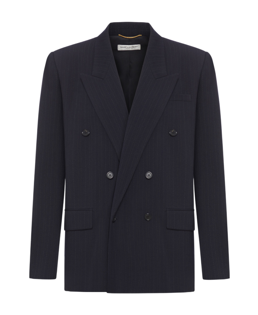 Saint Laurent Double-breasted Flannel Blazer In Black