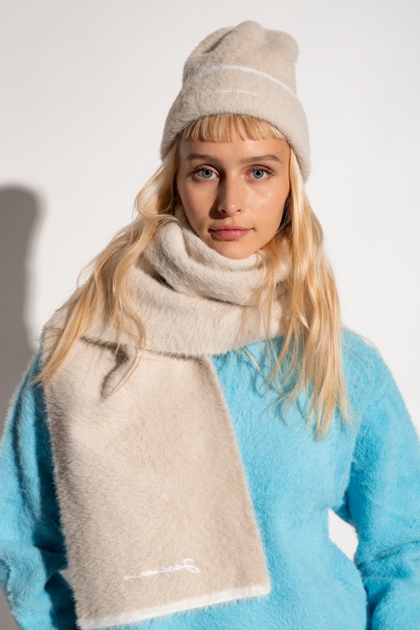 Jacquemus Embroidered-logo Fuzzy-knit Beanie In Nude