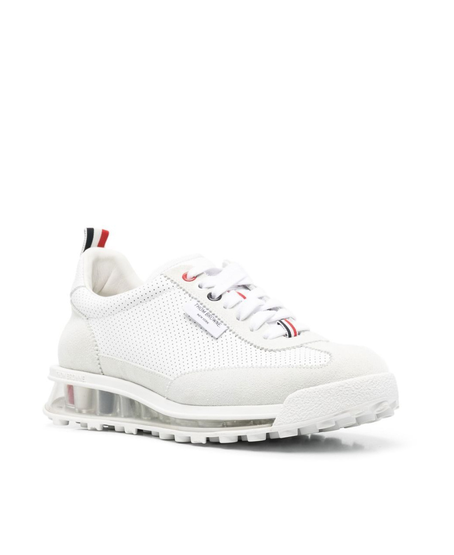 Thom Browne Perforated Leather Sneakers With Suede Overlays And Transparent Sole In White