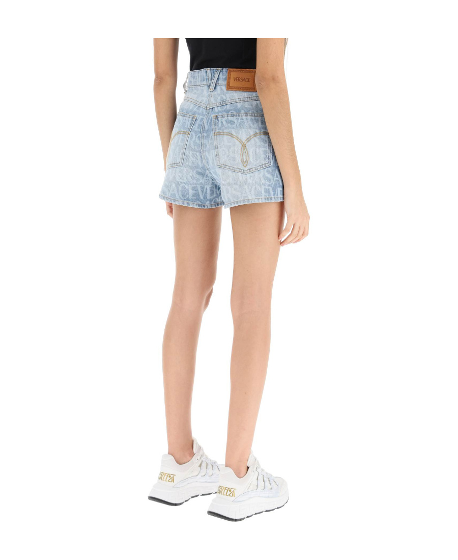 Versace Logo-print Denim Shorts In Blue