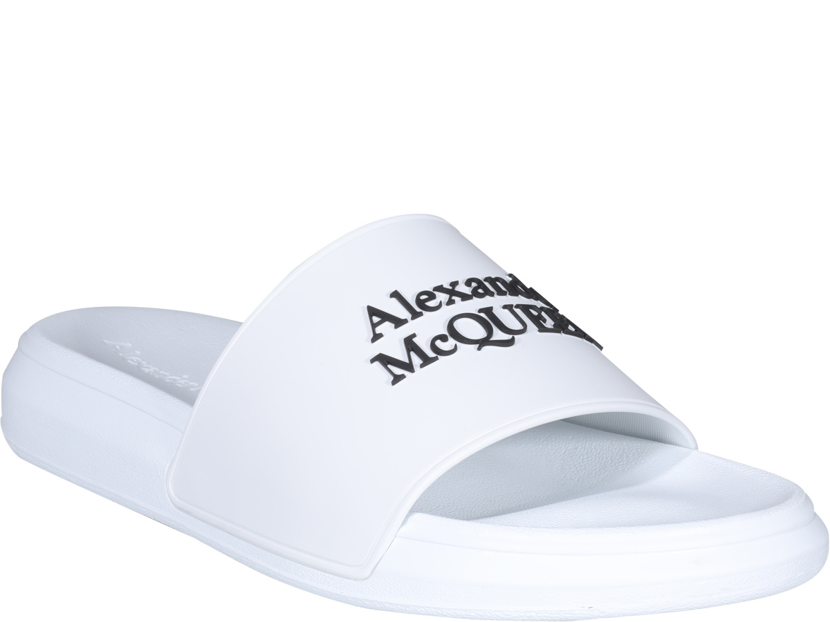 Alexander Mcqueen White Logo Pool Slides In Rubber In White