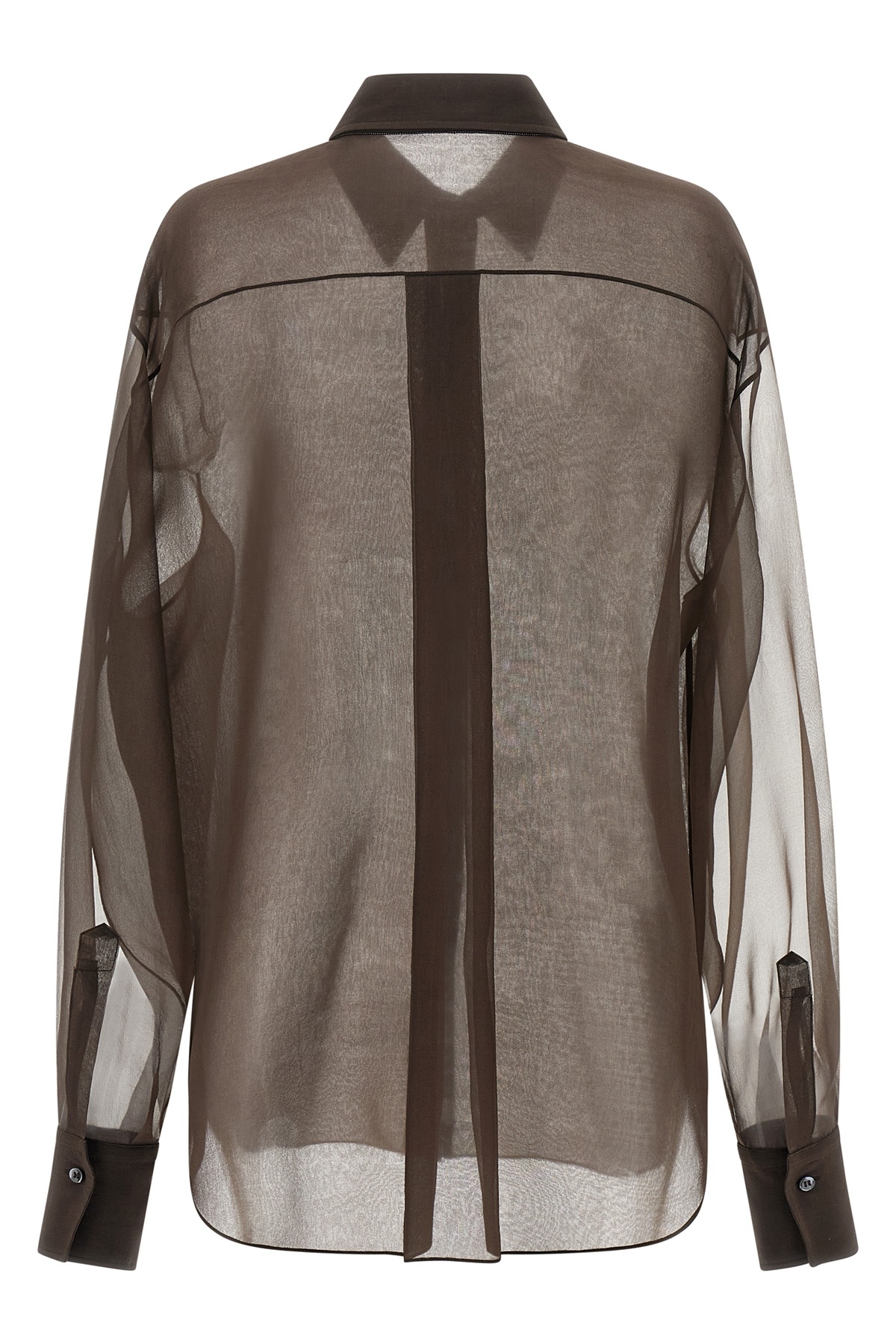 Brunello Cucinelli Sheer Long Sleeve Buttoned Cuff Shirt In Brown