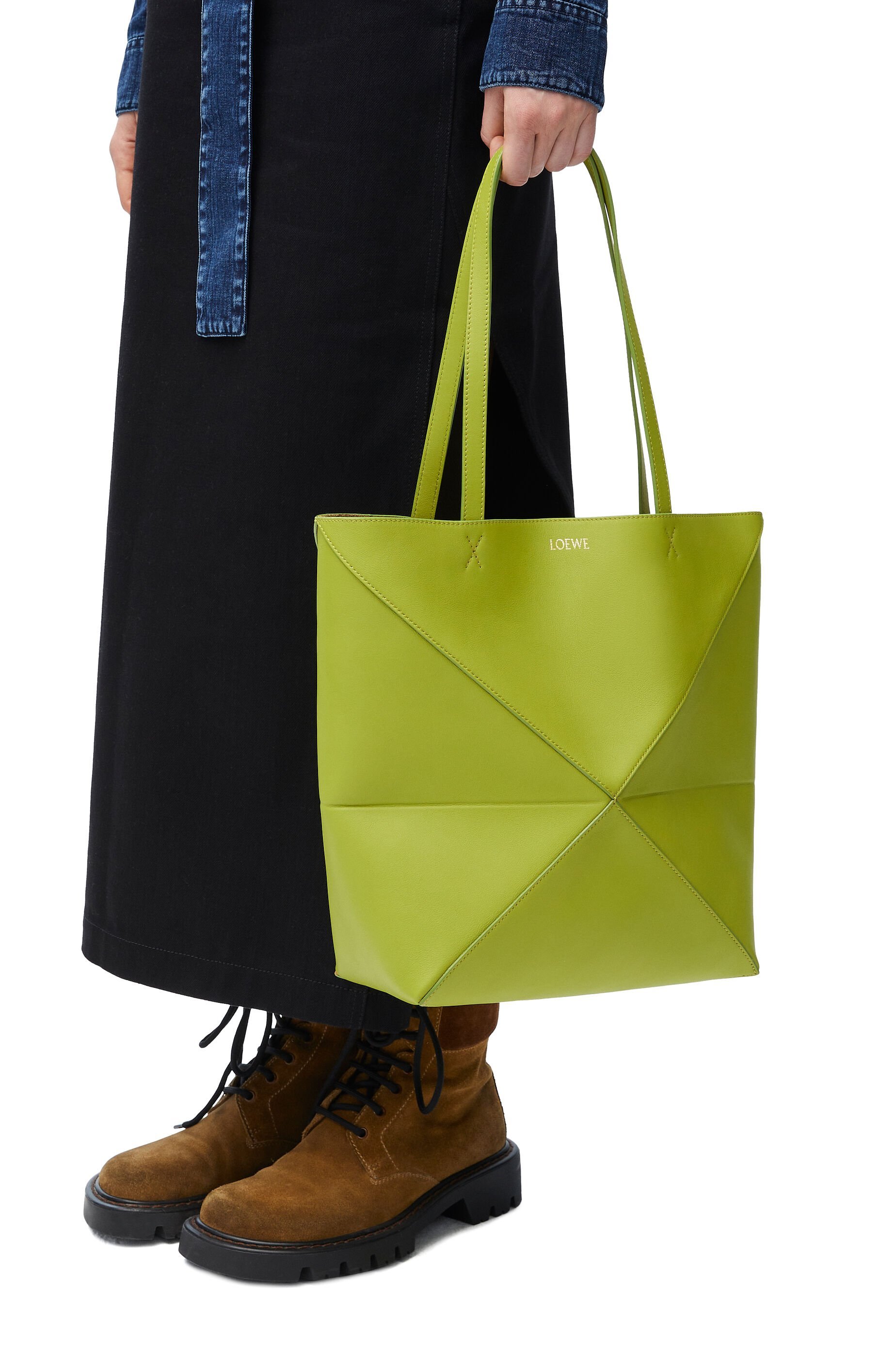 Loewe Medium Leather Puzzle Fold Tote Bag In Green