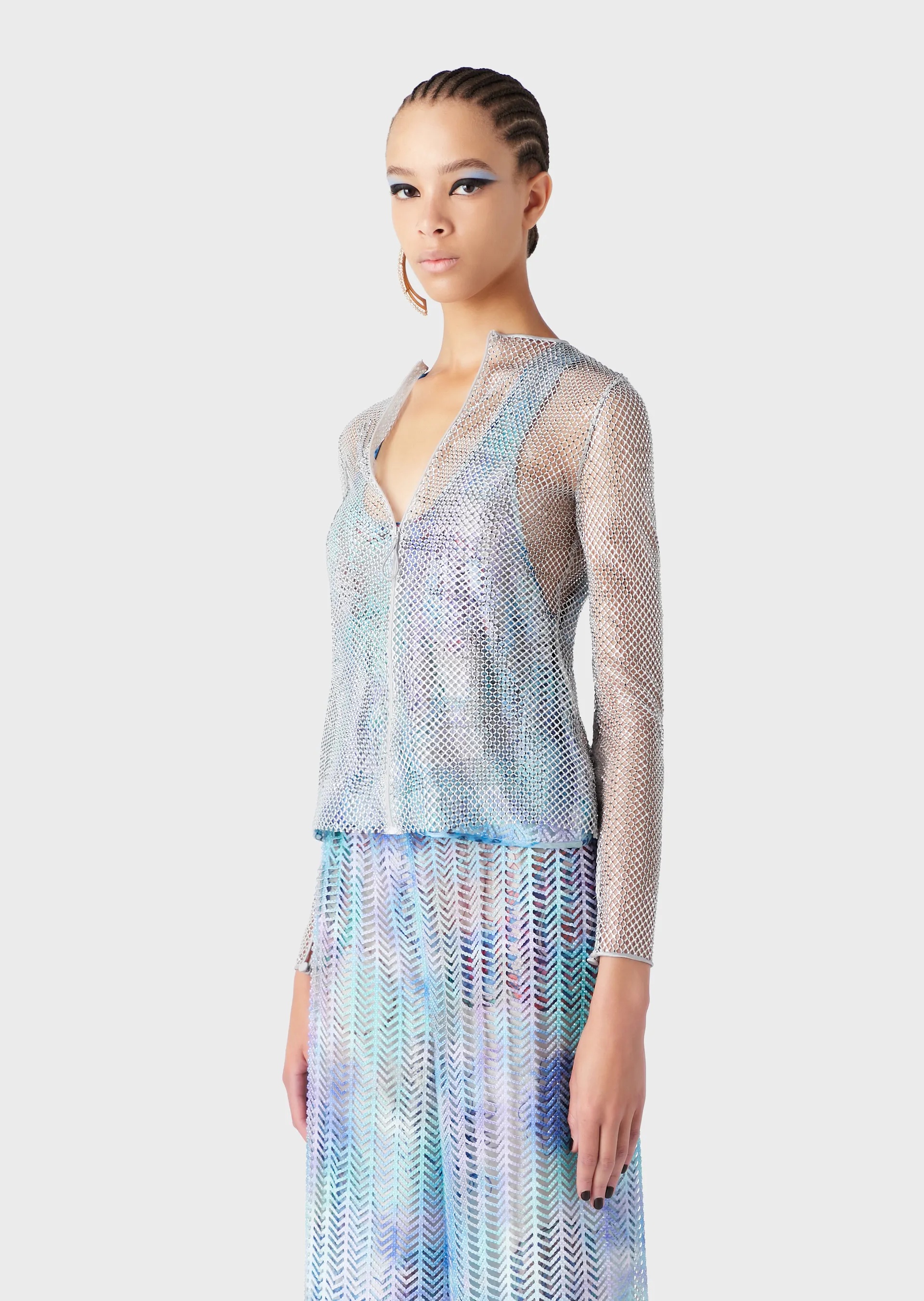 Giorgio Armani Crystal Mesh Zipper Cardigan In White