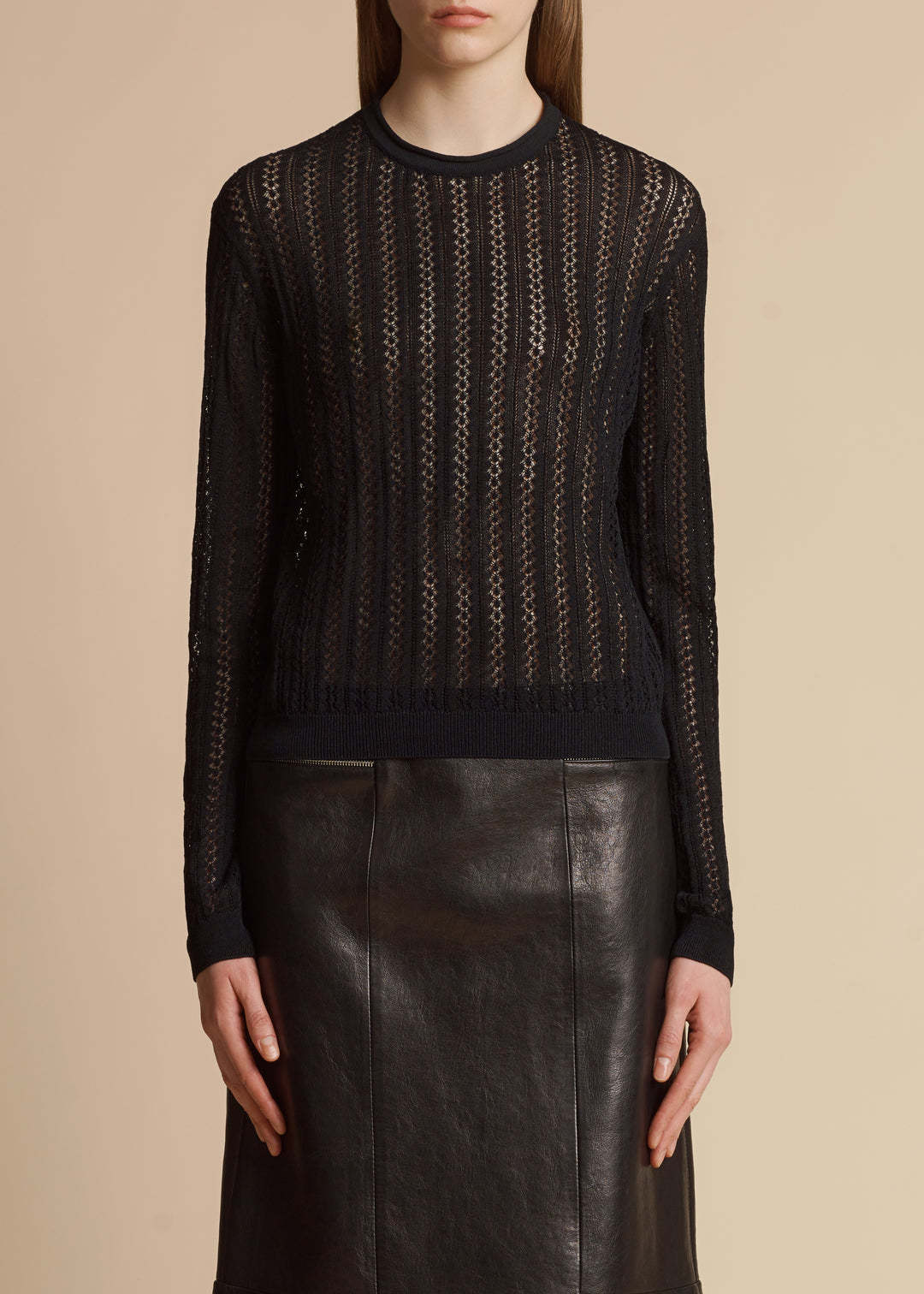 Khaite Colleen Crewneck Long-sleeve Pointelle Knit Top In Black