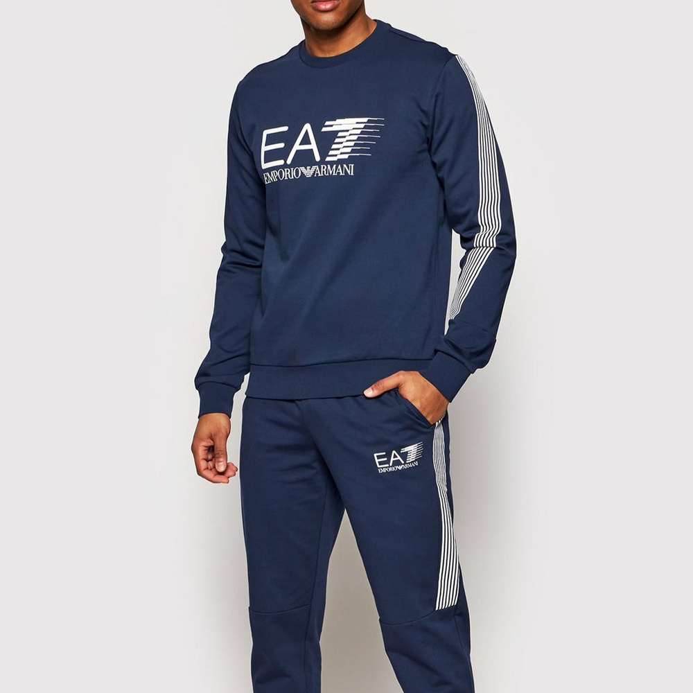 Ea7 Round Collar Long Sleeve Sweater In Blue