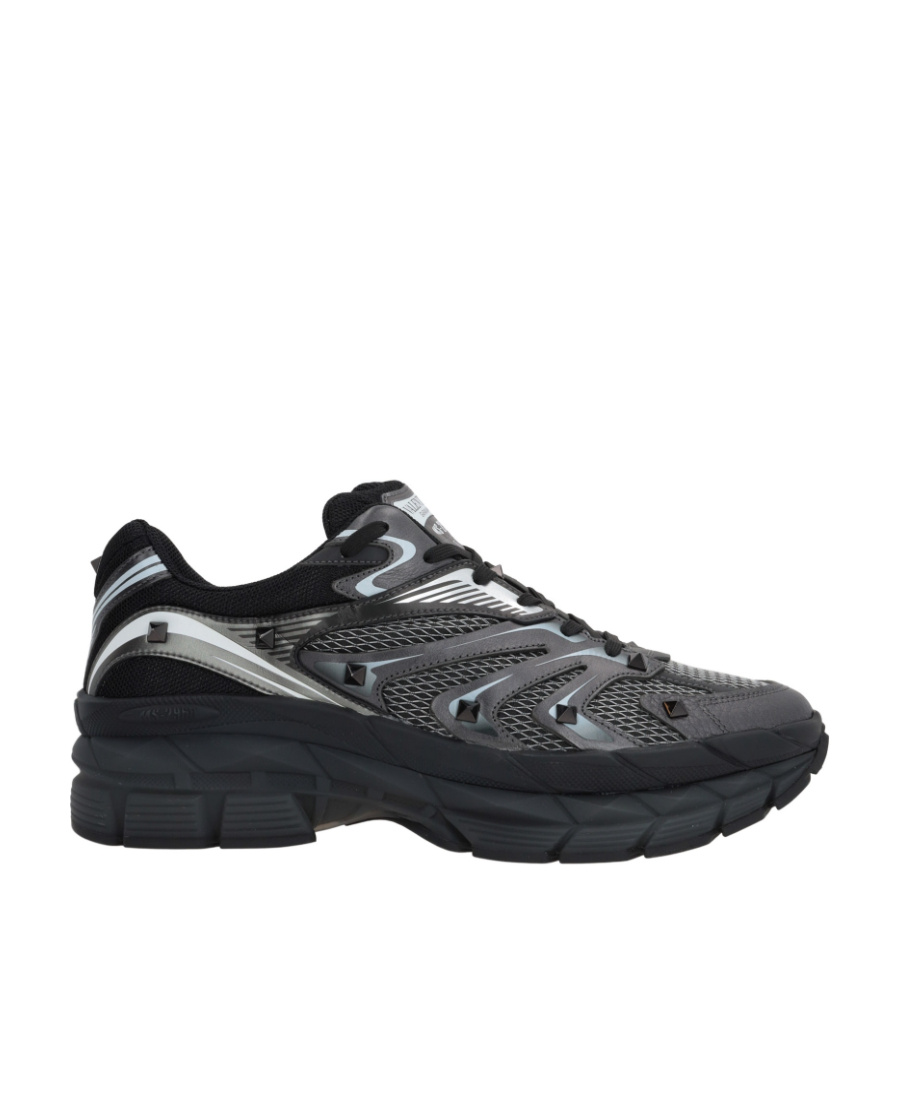 Valentino Garavani Leather Sneakers With Textured Rubber Elements In Black