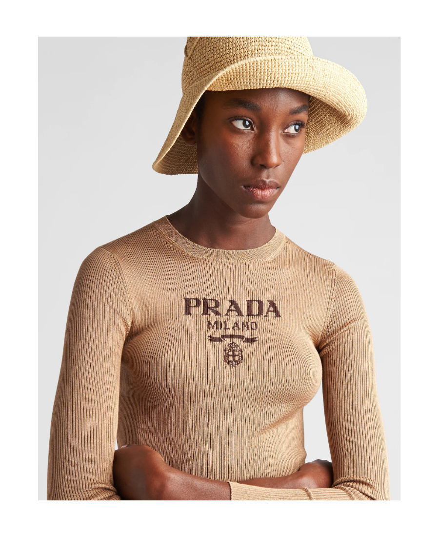 Prada Logo-intarsia Rib Cropped Silk Sweater In Camel Brown