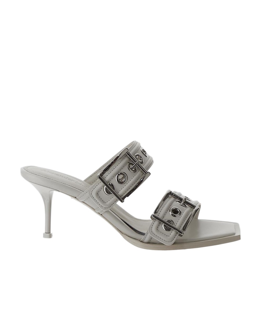 Alexander Mcqueen Punk Double-buckle Leather Mules In Gray