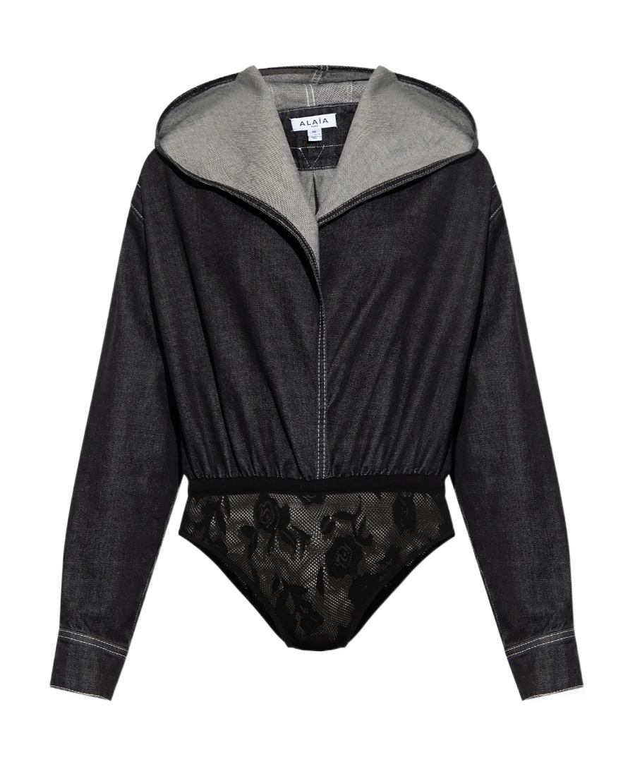 Alaïa Hooded V-neck Denim Bodysuit In Black