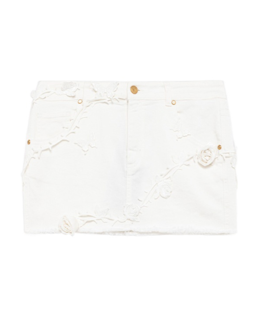 Blumarine Floral Appliqué Denim Miniskirt In White