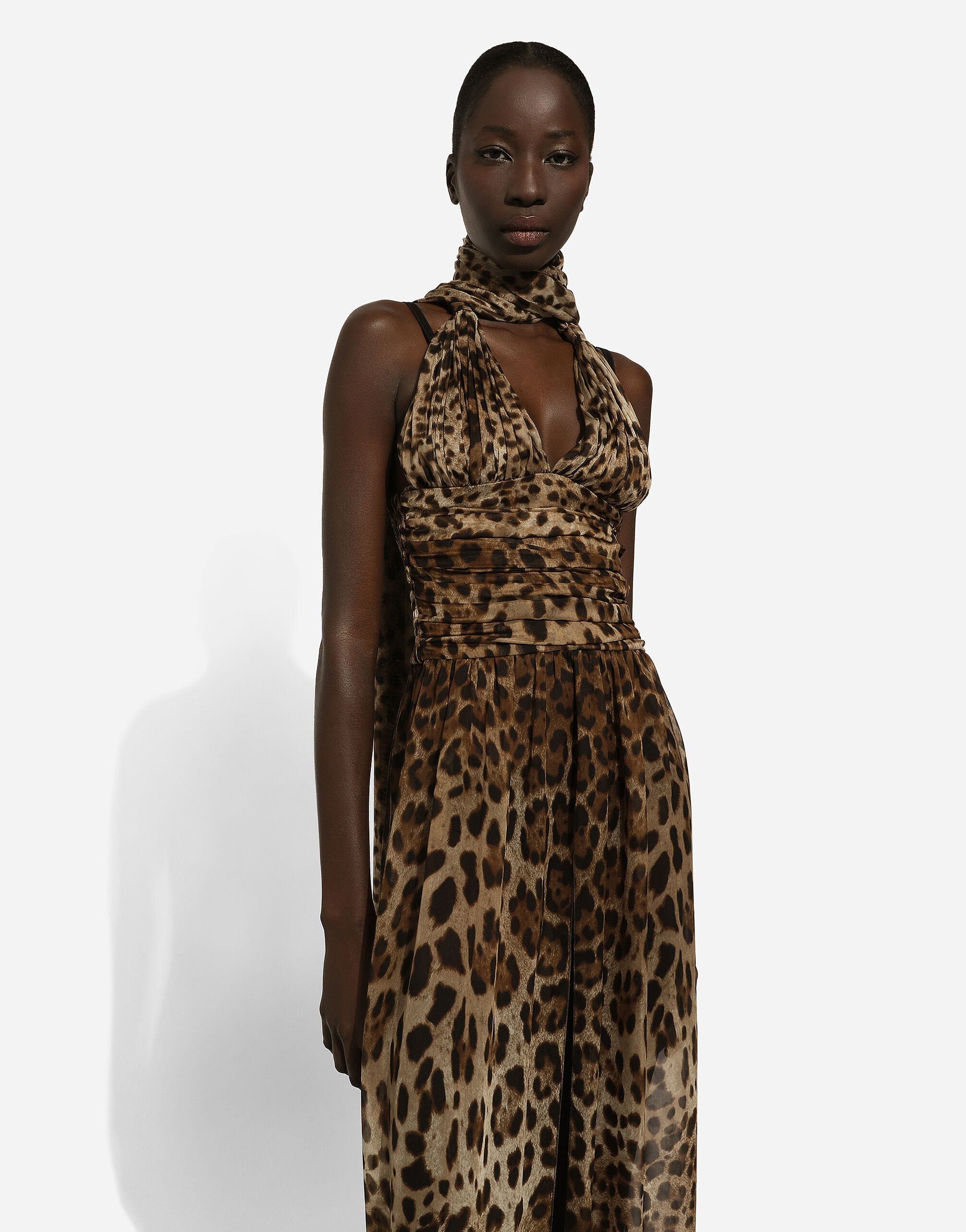 Dolce & Gabbana Leopard-print Halterneck Silk Gown In Brown