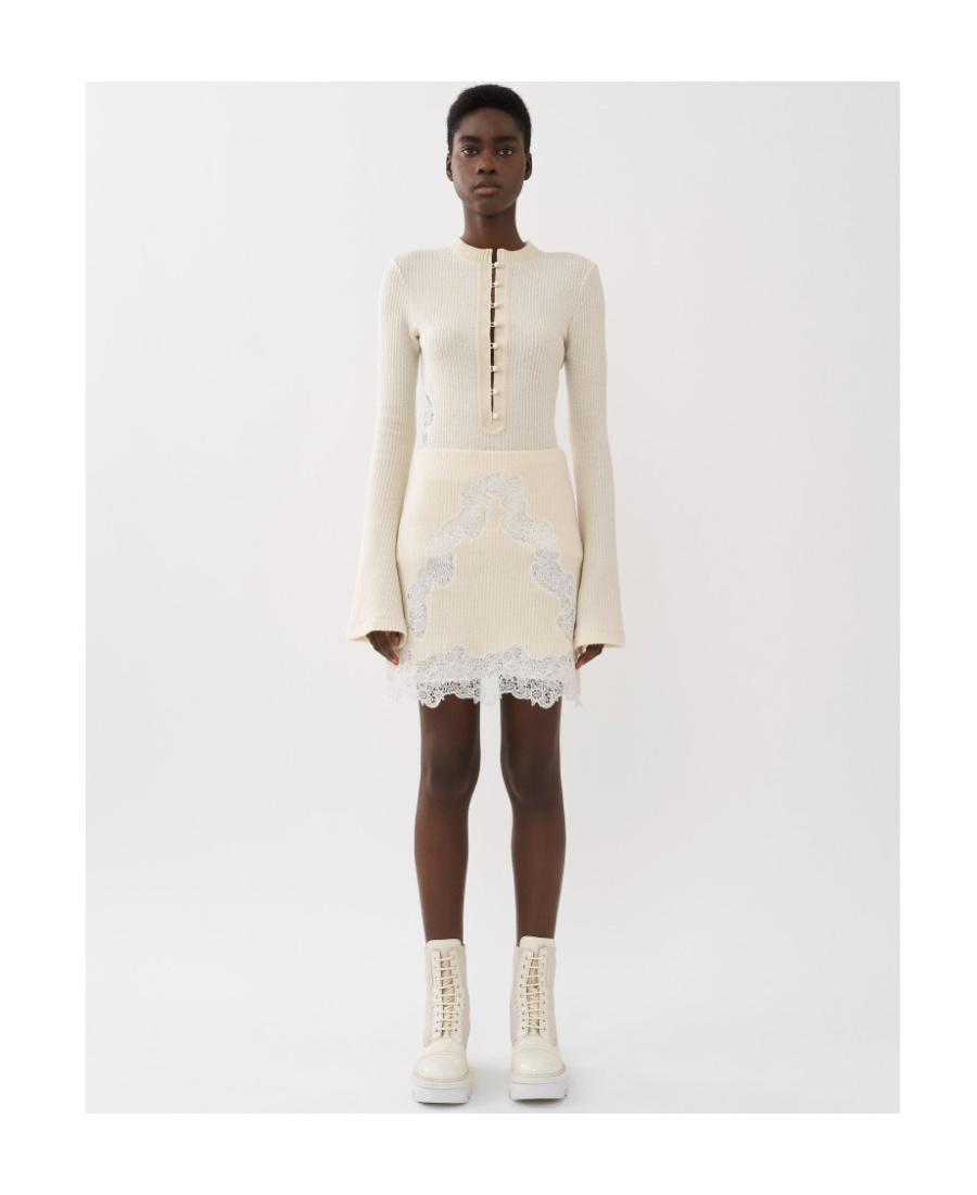 Chloé Ribbed-knit Lace-trim Miniskirt In White