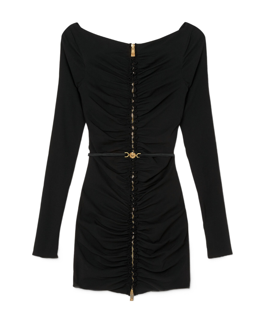 Versace Medusa Head-buckled Ruched Georgette Mini Dress In Black