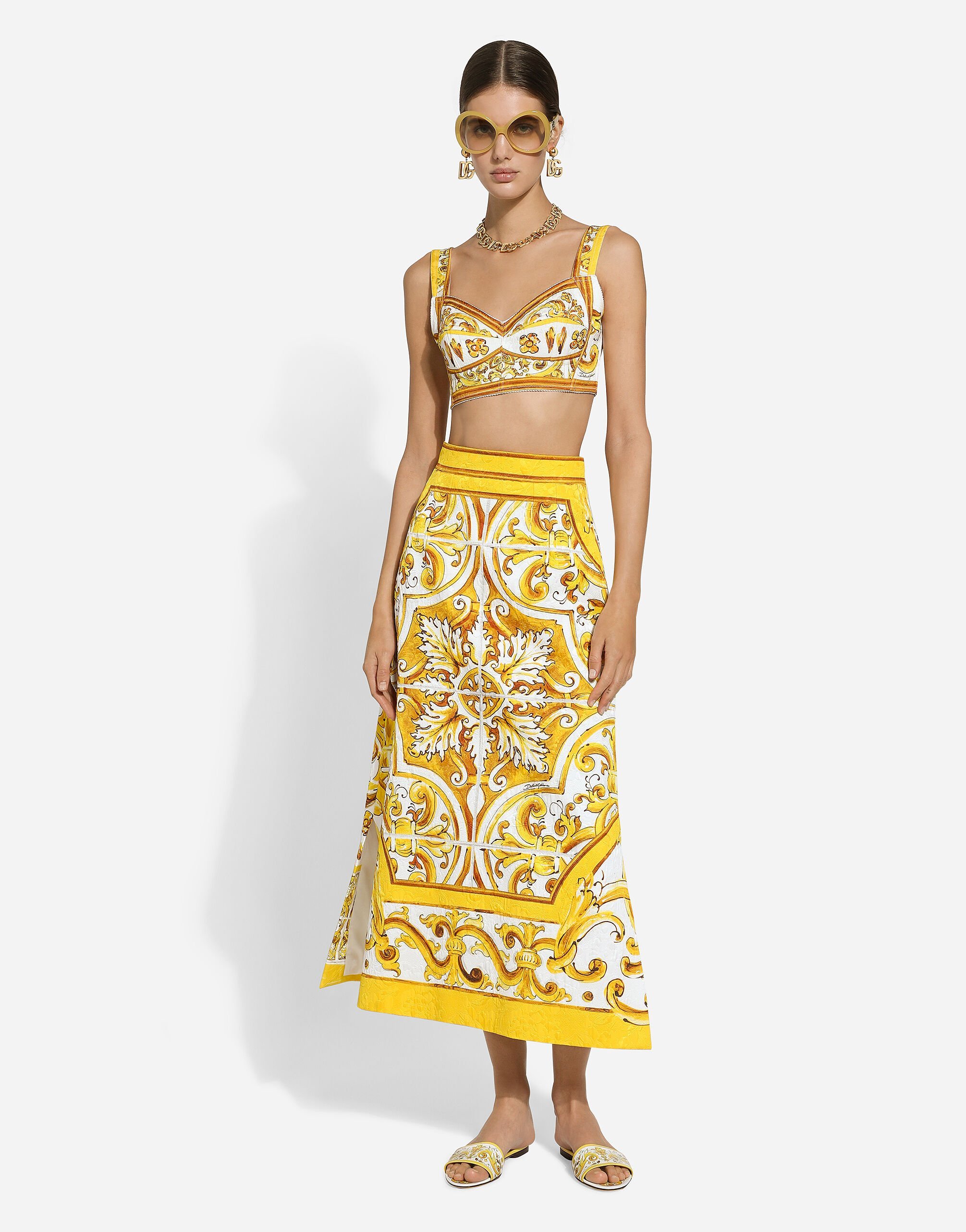 Dolce & Gabbana Majolica Print Midi A-line Skirt In Yellow