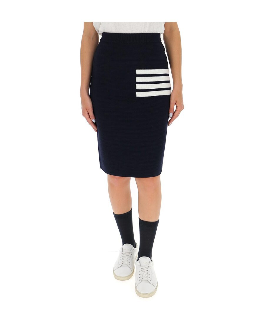 Thom Browne Striped Waffle-knit Wool-blend Pencil Skirt In Black