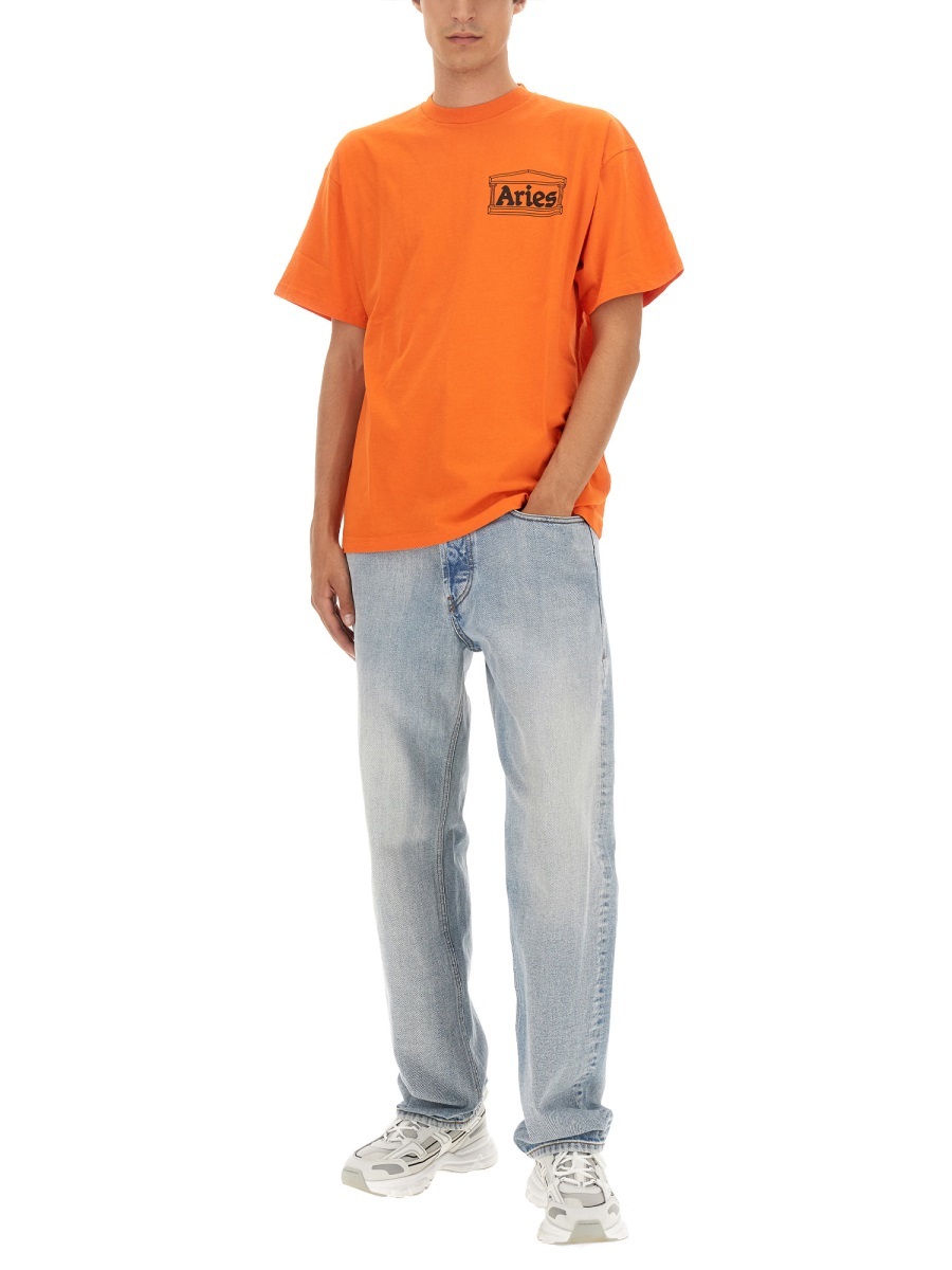 Aries Logo Print Crew Neck T-shirt With Short Sleeves In Orange