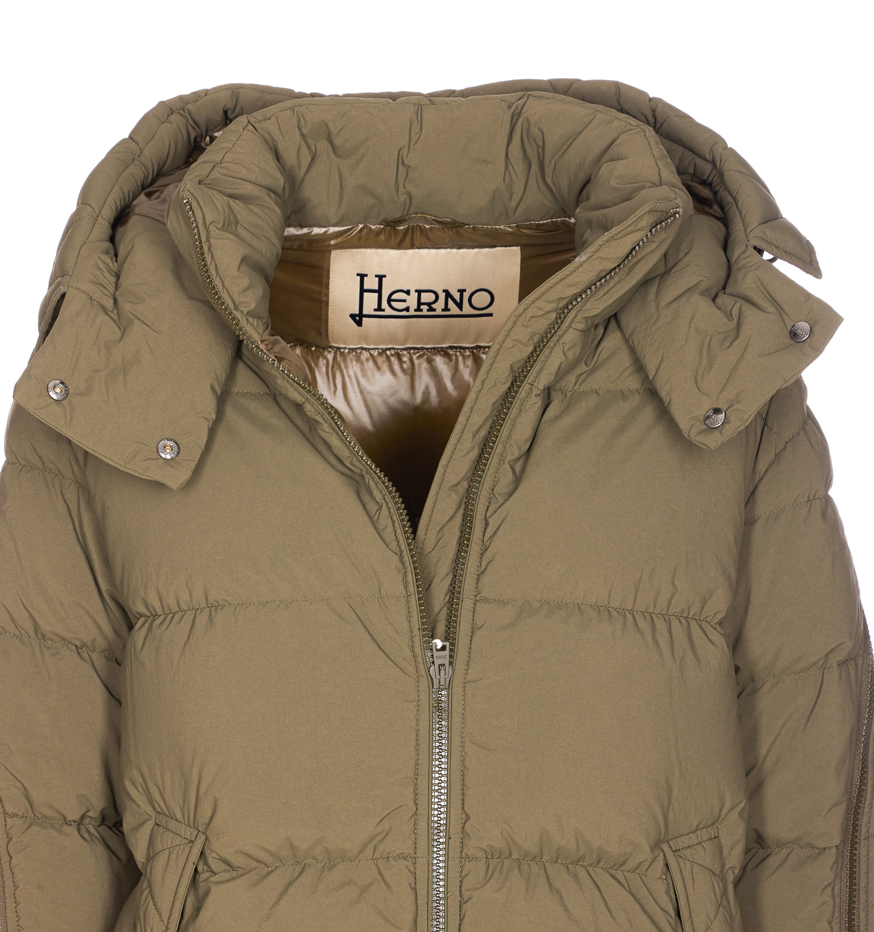 Herno Long Padded Down Jacket With Removable Hood In Green