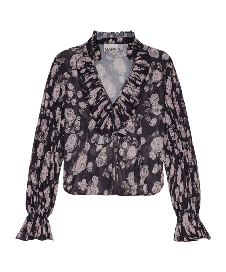 Ganni Floral Print Pleated Blouse In Black