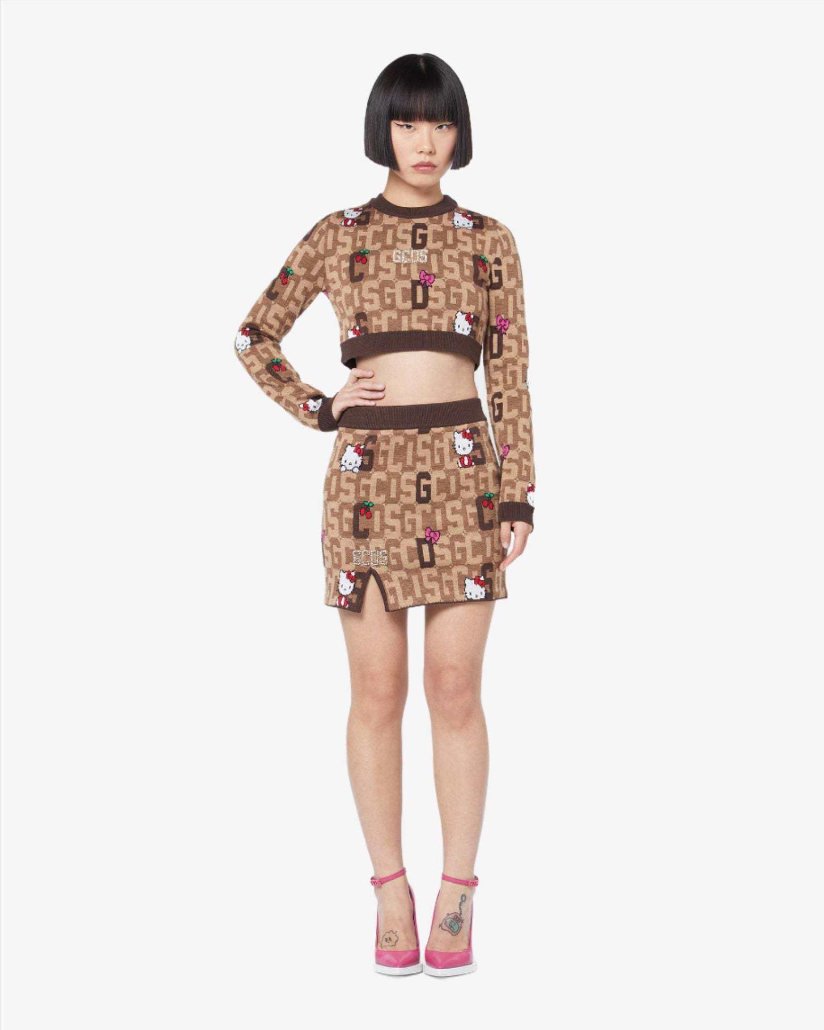 Gcds Brown And Beige Mini Skirt In Wool Blend Knit With Logo Plate, Hello Kitty Motif And Contrast Jacqu In Brown