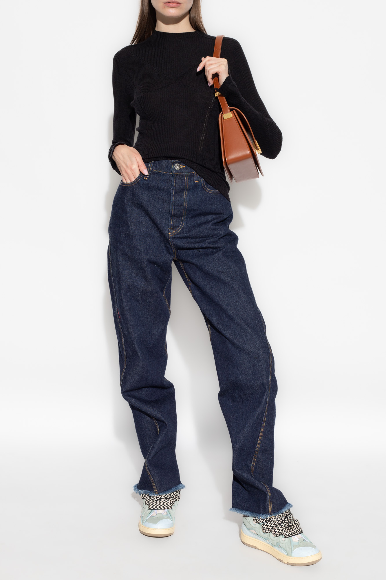 Lanvin Long-sleeve Ribbed-knit Top In Black