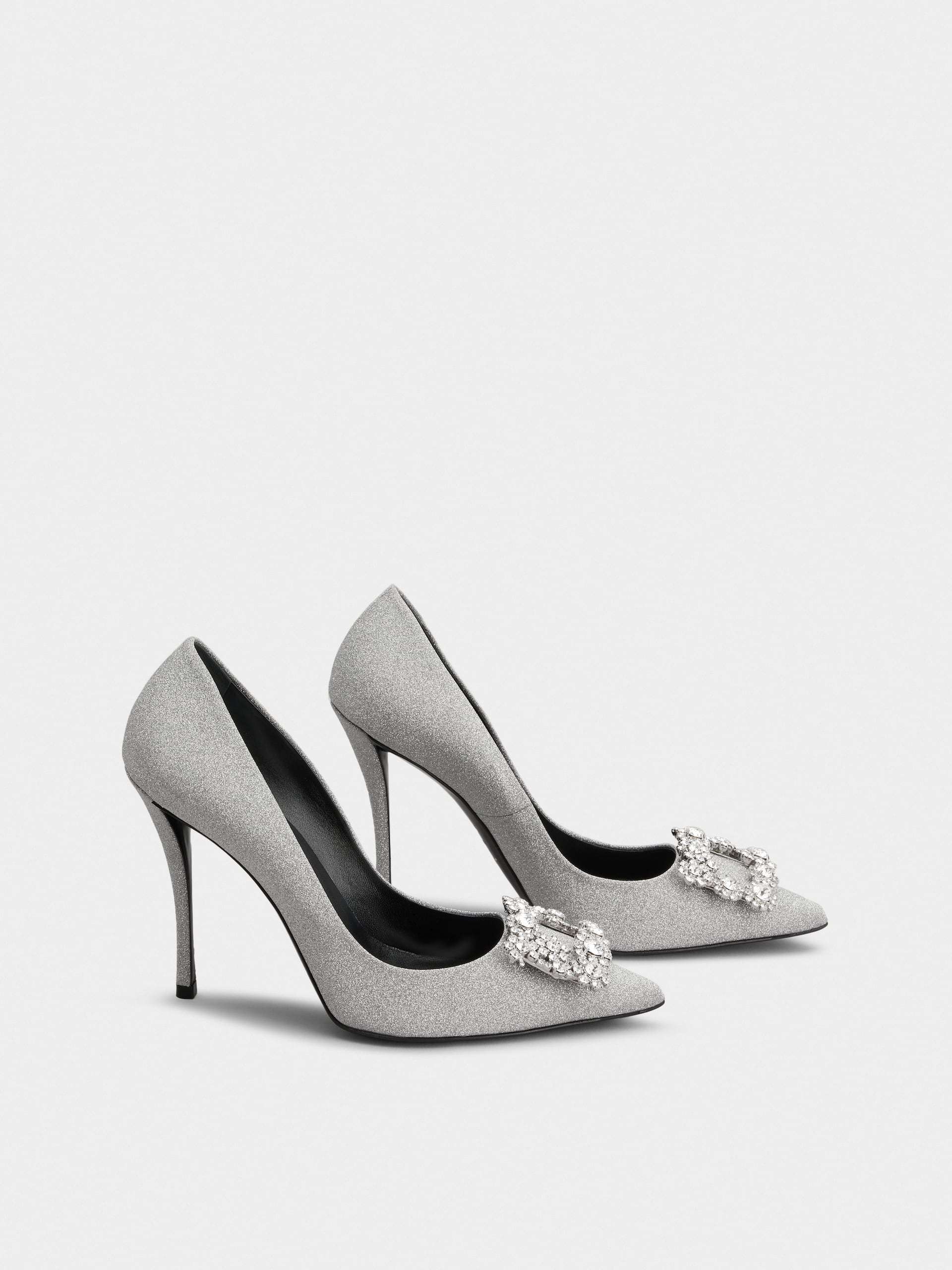 Roger Vivier 100 Crystal Flower Buckle Pumps In Glitter Fabric In Silver
