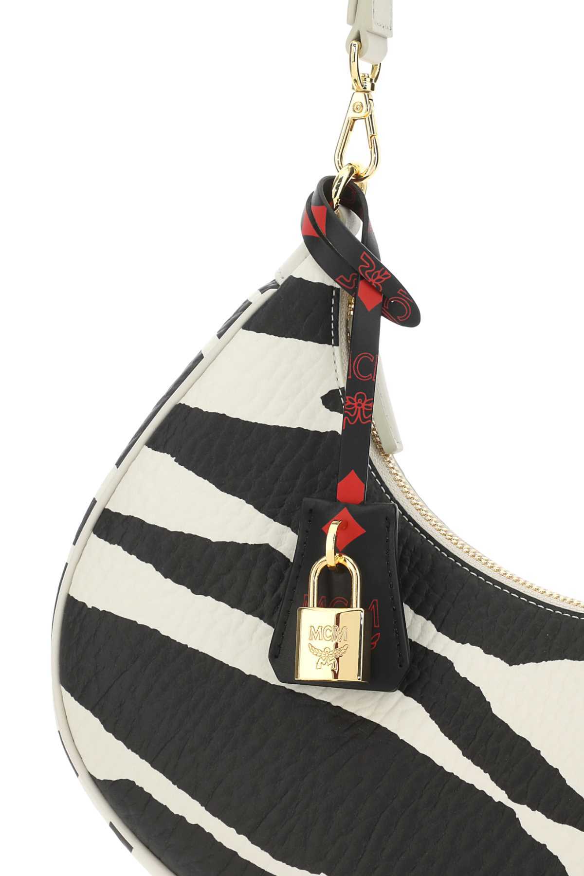 Mcm Zebra Printed Zipped Shoulder Bag In White