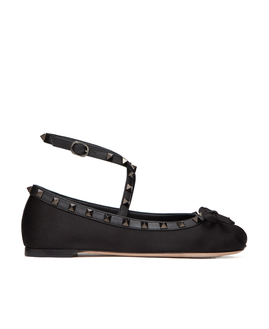 Valentino Garavani Rockstud-strap Satin Ballerinas In Black