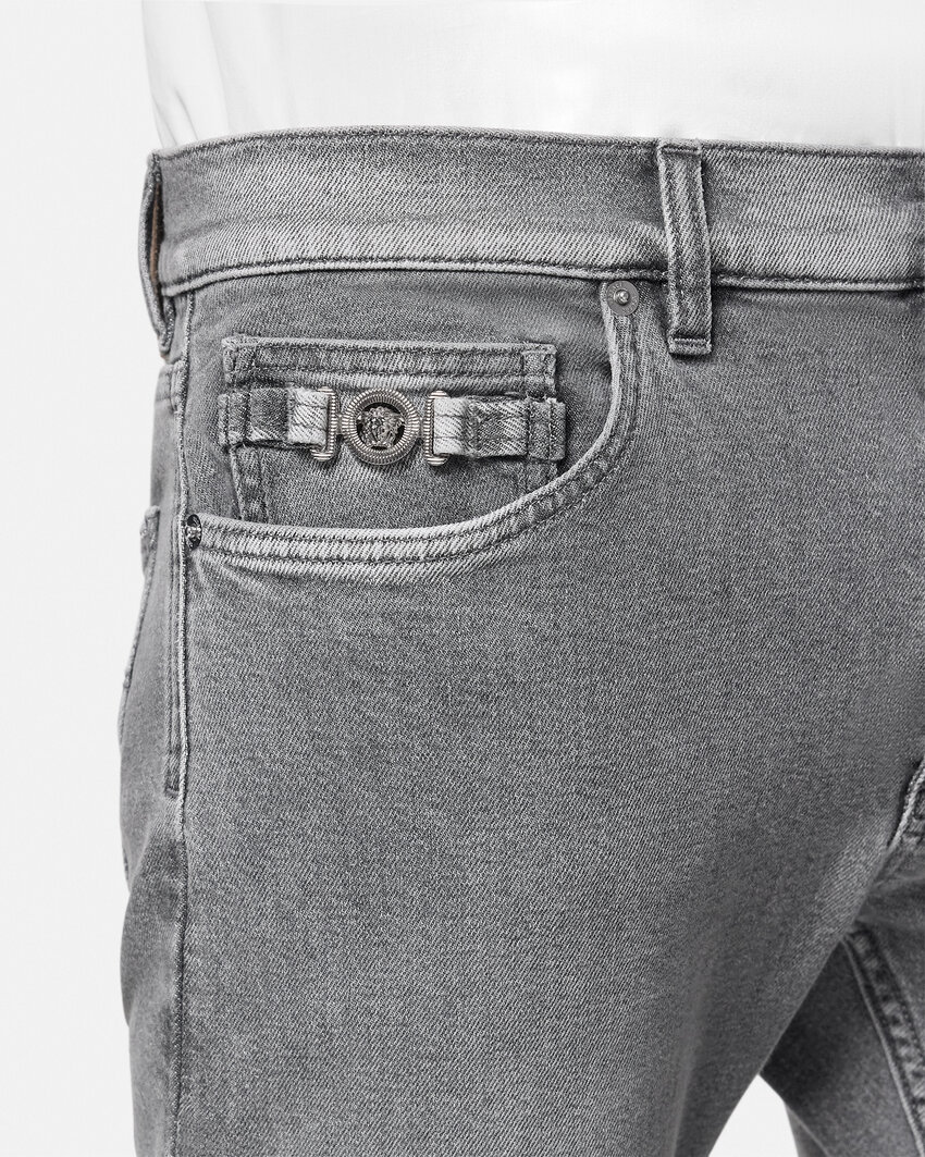 Versace Logo-patch Skinny Jeans In Gray