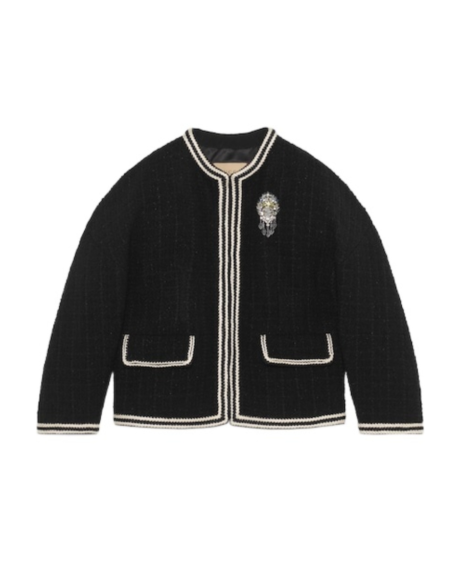 Gucci Brooch-detail Tweed Jacket In Black