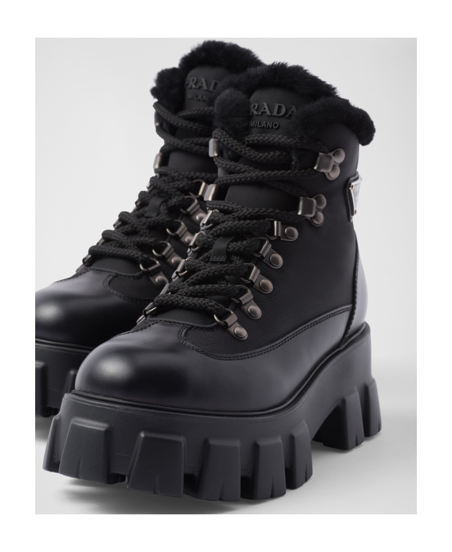 Prada Monolith Laced Short Boots In Black