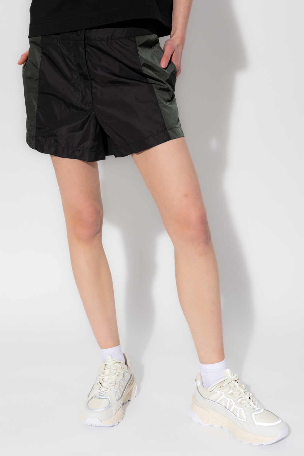 Moncler Embossed-logo Contrasting-detail Shorts In Black