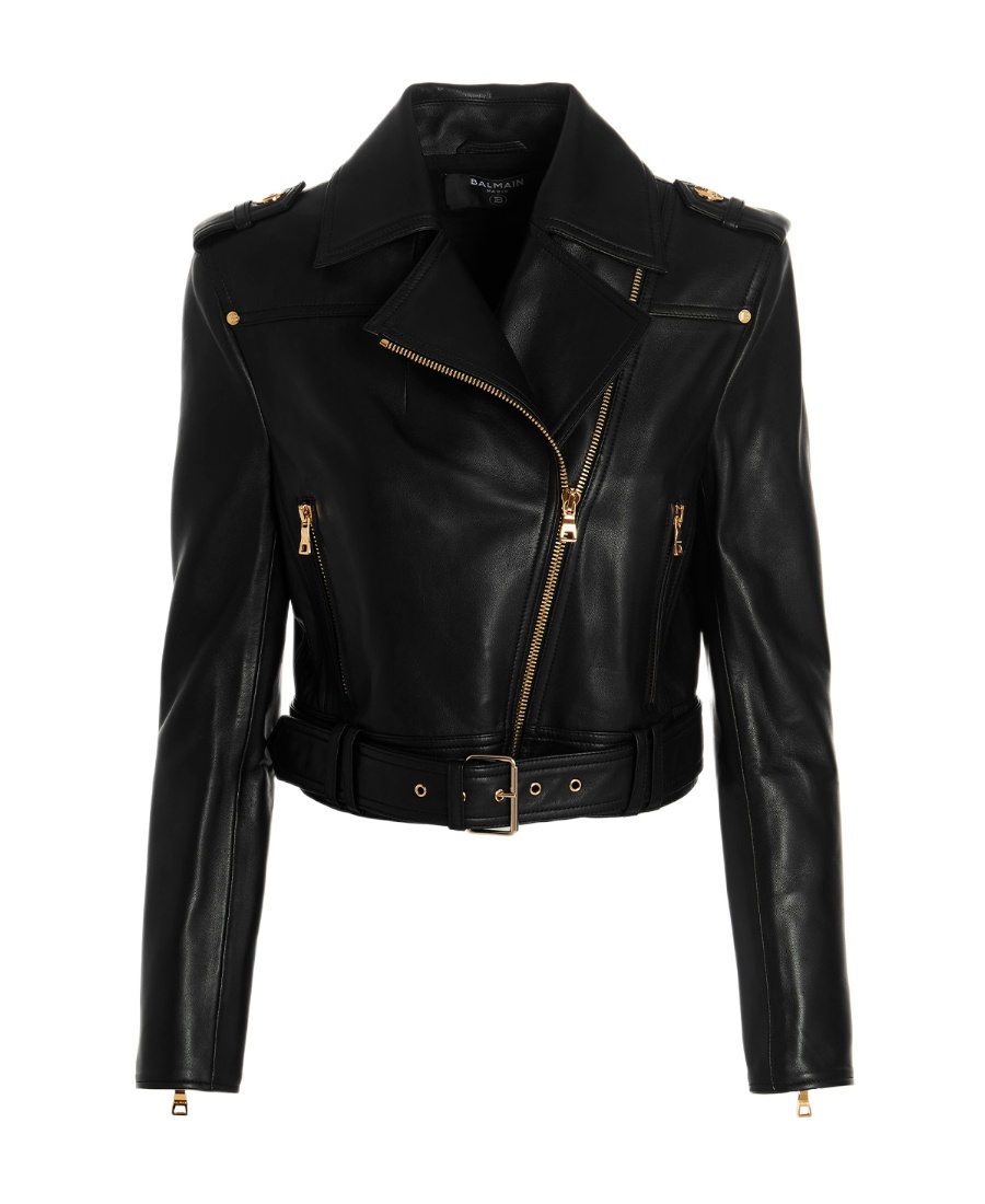 Balmain Chain Quilted-sleeves Leather Crop Biker Jacket In Black