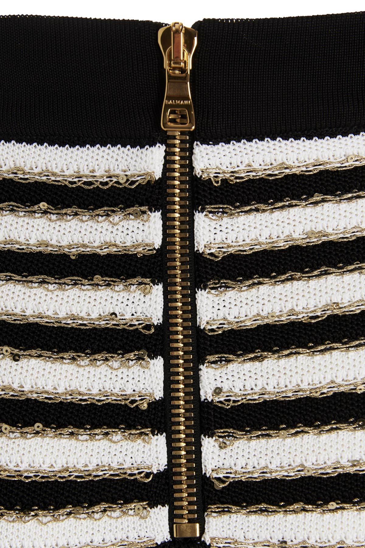 Balmain Button-embellished Metallic Striped Knitted Mini Skirt In Black