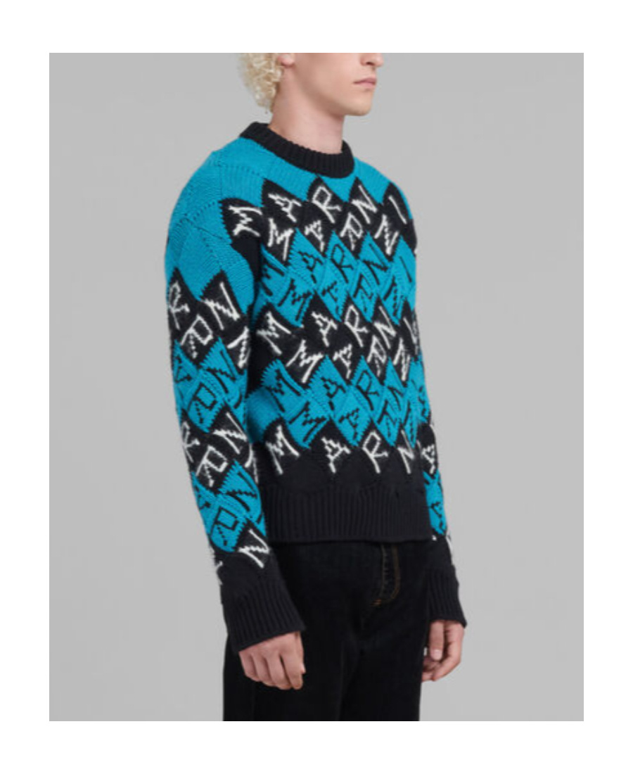 Marni Intarsia Logo Virgin Wool Sweater In Black