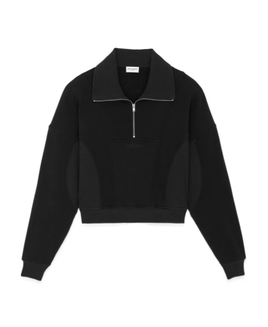Saint Laurent Embroidered Logo Half Zip Soft Fleece Sweatshirt In Black