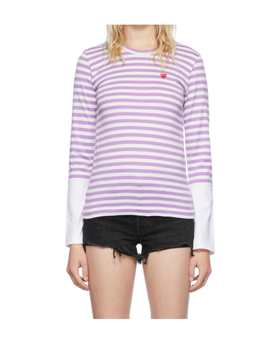 Comme Des Garçons Play White & Purple Small Heart Patch Long Sleeve T-shirt In White