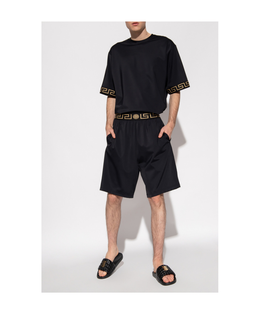 Versace Black Crewneckt-shirt With Contrasting Greca Motif In Stretch Polyamide Man In Black