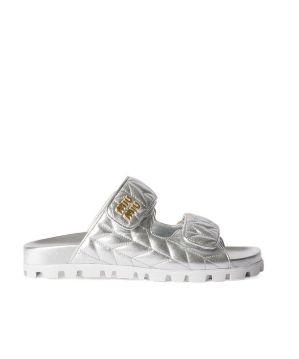 MIU MIU METALLIC MATELASSÉ NAPPA LEATHER SLIDES