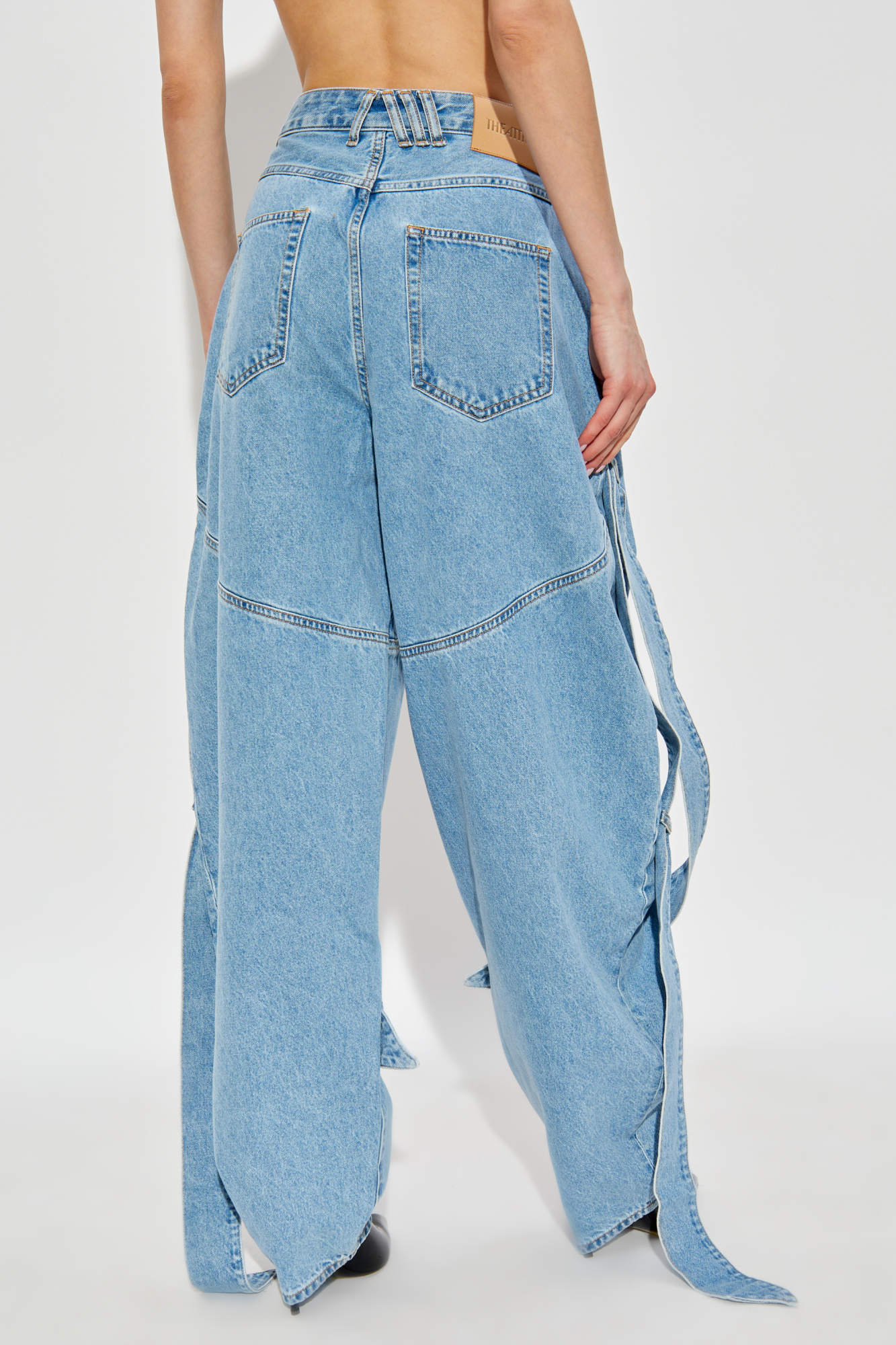 Attico Blue Jeans With Maxi Drawstring On The Front And Logo Patch On The Rear In Denim Woman