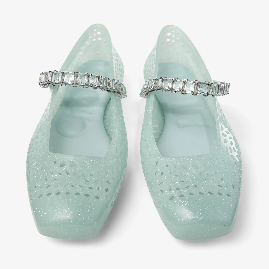Jimmy Choo Light Green Jelly Ballet Flats With Crystal In Green