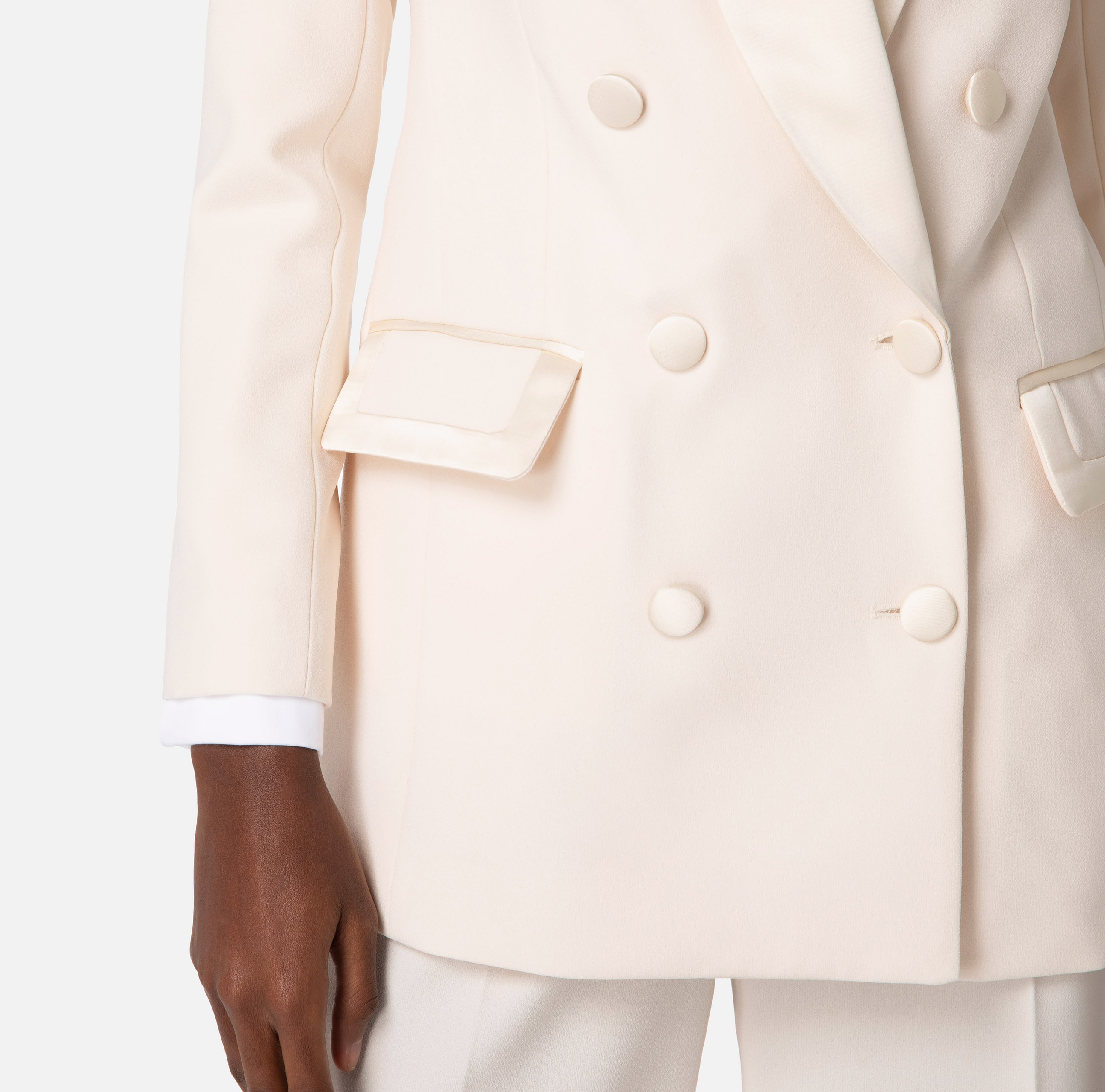 Elisabetta Franchi Double-breasted Satin-trim Blazer In White