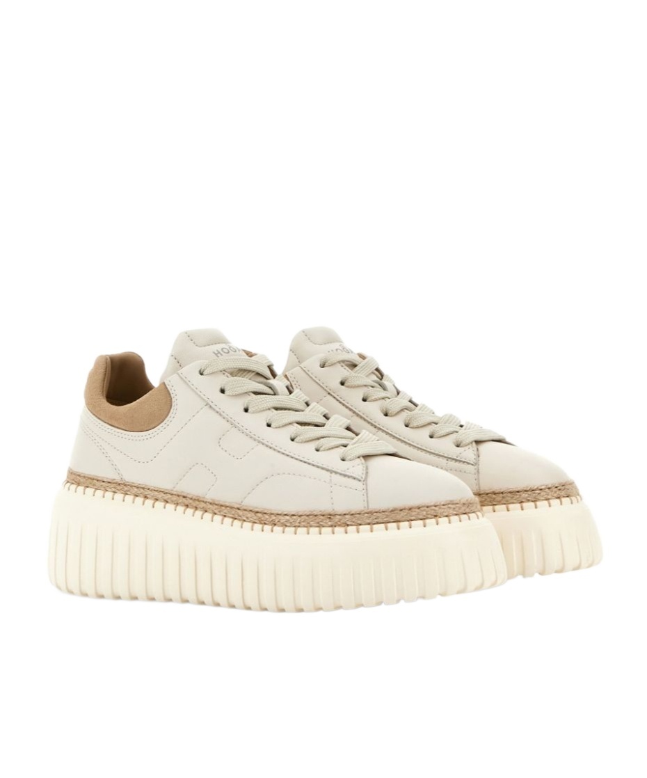 Hogan Ivory Brown Lace-up Sneakers With Textured Sole In Neutral