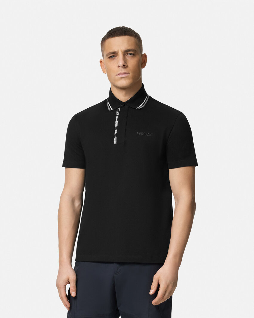 Versace Black Logo-embroidered Polo Shirt In Black