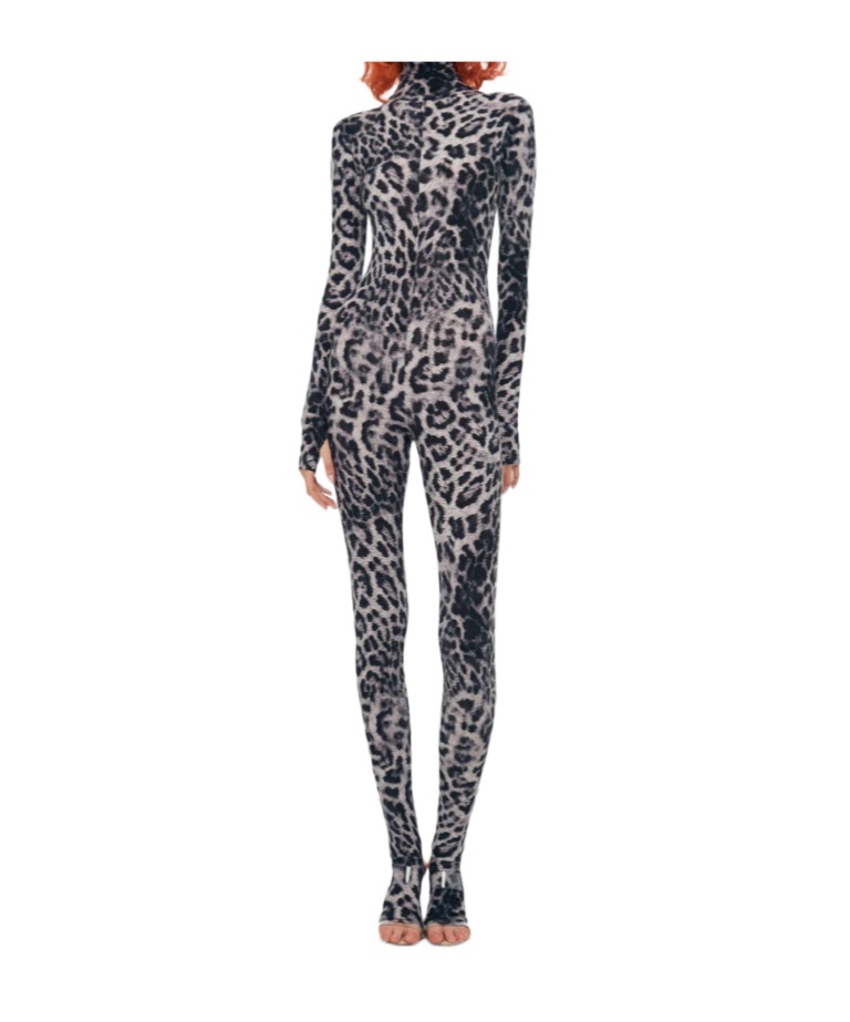 Norma Kamali Long Sleeve Slim Fit Turtle Catsuit W/ Footie In Animal Print