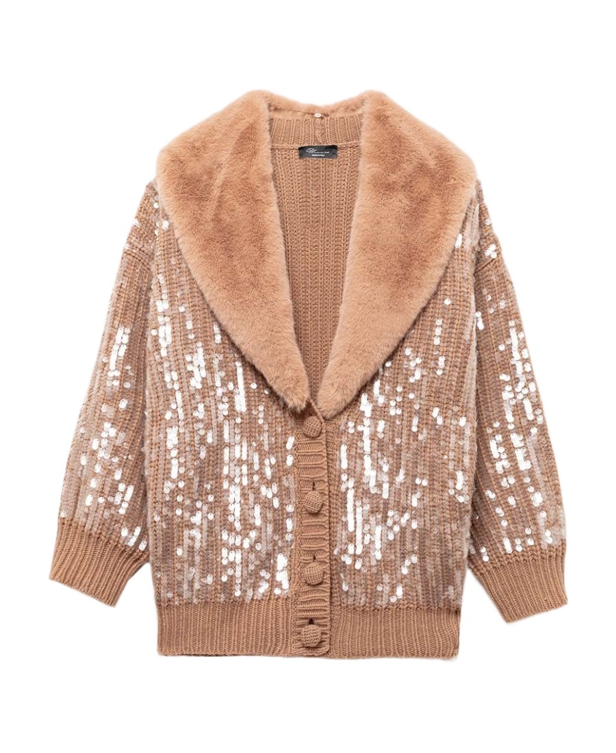 Blumarine Faux-fur Tirm Sequin Cardigan In Nude
