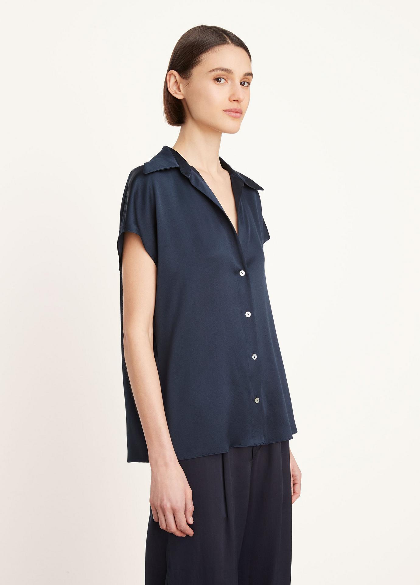 Vince Cap-sleeve Linen Button-front Blouse In Coastal Blue